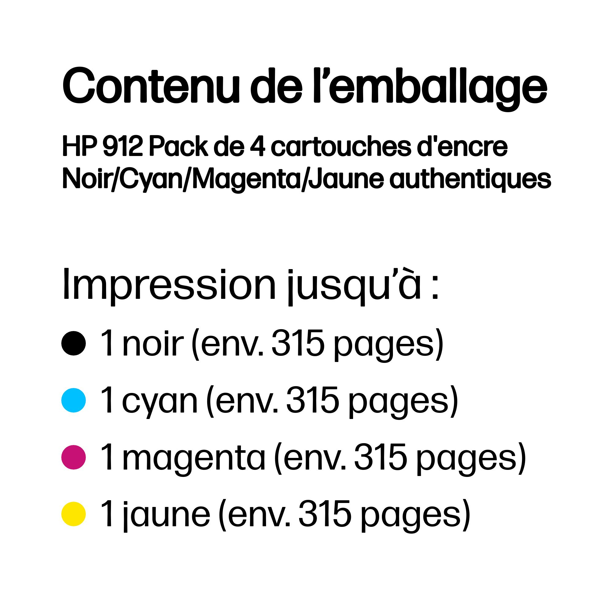 HP 912 Pack de 4 cartouches d'encre Noir/Cyan/Magenta/Jaune authentiques – Image 3